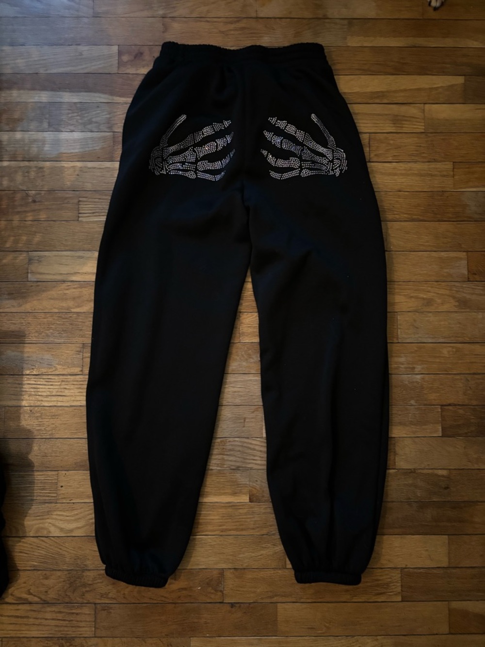 Black Sweatpants with Rhinestone Skeleton Hand Design - Picture 7 of 7